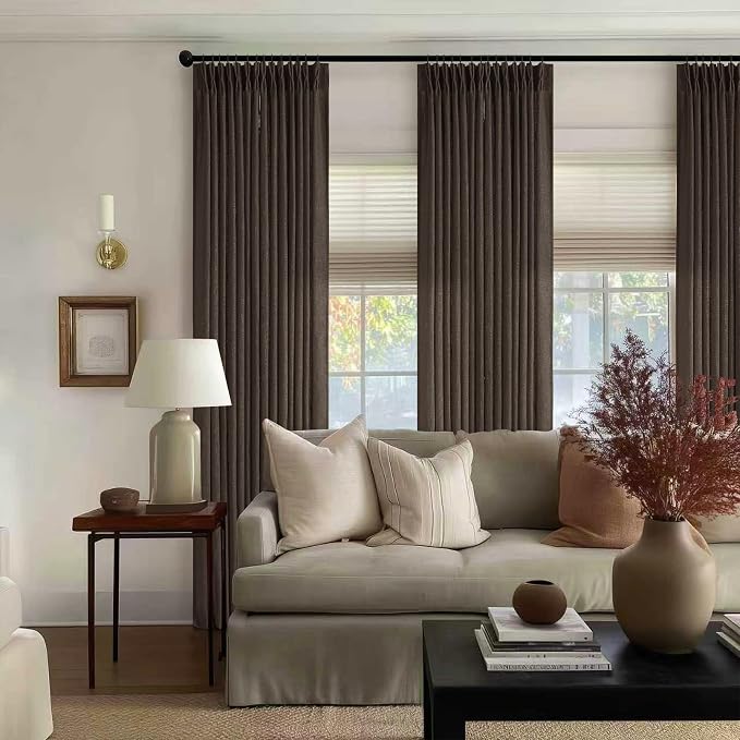 TWODRAPES Dark Chocolate Pinch Pleated Linen Curtains 2 Panels for Living Room Bedroom Memory Training Shaped Semi Sheer Pleat Drapes with Hooks Rings Light Filtering Window Curtain 40x84