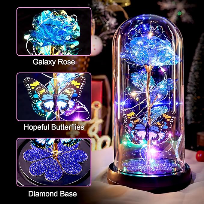Mothers Day Rose Gifts for Mom Birthday Gift for Women, Rechargeable Galaxy Glass Rose in Glass Dome Crystal Eternal Roses Butterfly Mother's Day Flowers Gifts for Women Mom Wife Grandma Daughter Blue