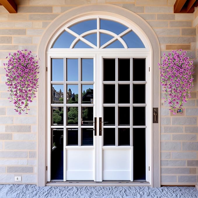 Ammyoo Artificial Hanging Flowers for Outdoors Fake Plants Decoration, 2 Packs Faux Silk Daisy Flower Realistic Outdoor Flowers UV Resistant Porch Patio Window Yard Indoor Spring Decor(Purple)