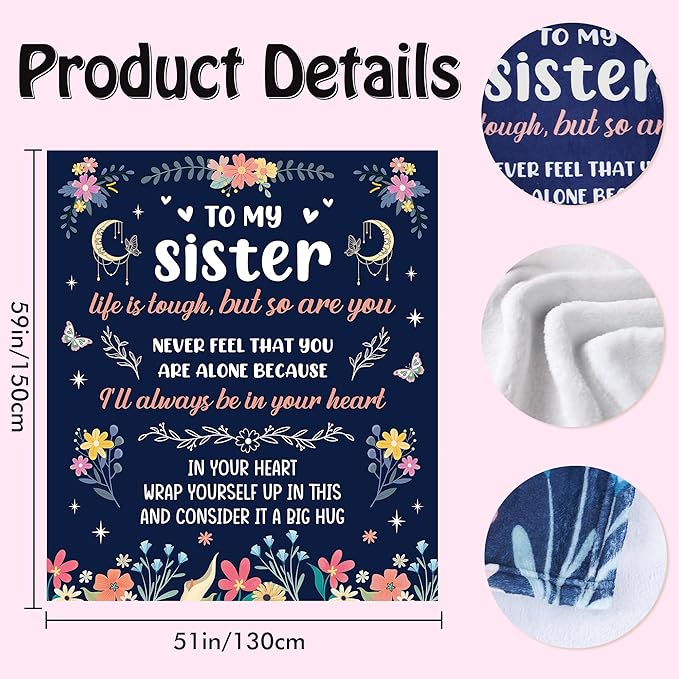 Sister Gifts Throw Blanket, Inspirational Quote Floral Design Soft Cozy Fuzzy Flannel Blanket, Sentimental Gift for Sister Birthday Christmas from Brother or Friend (50" x 60")