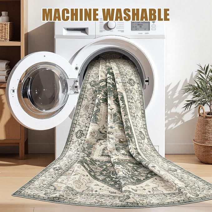 8x10 Area Rugs for Living Room - Large Carpet Ultra Thin Soft Washable Oriental Vintage Floral Distressed Rug Big Indoor Carpets for Bedroom Nursery Dorm Home Decor Aesthetic - Vintage Green