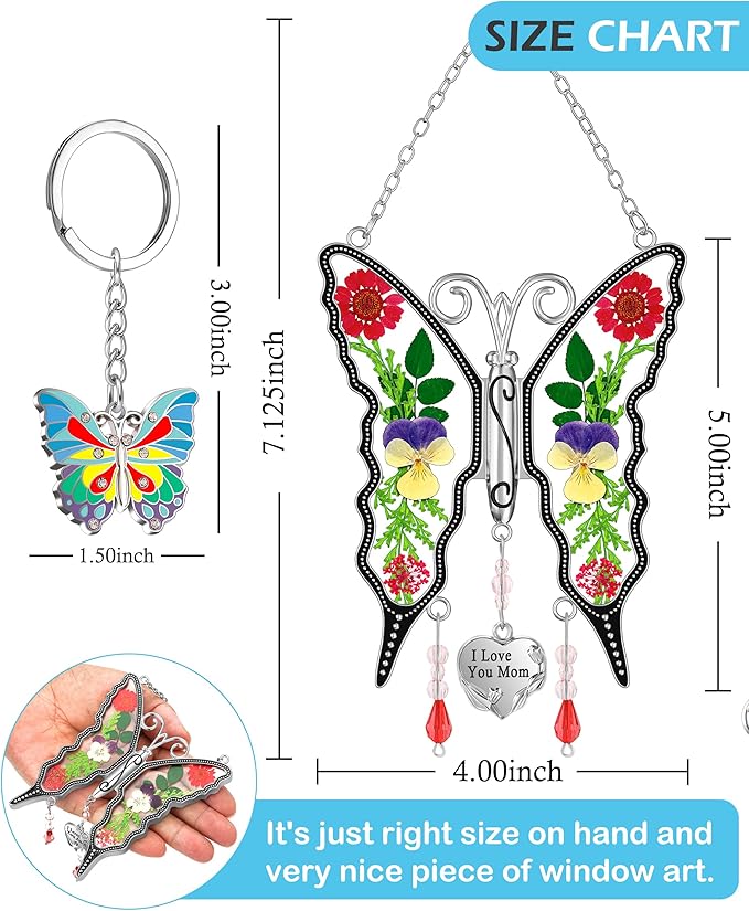 KY&BOSAM Gifts for Mom Suncatcher Butterfly Stained Glass Sun Catchers Window Hanging Wind Chime Ornament with Pressed Flowers I Love You Mom Heart Charm for Women Mother's Day Birthday Christms Decor