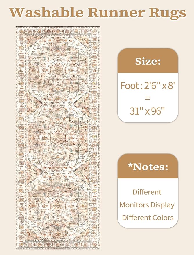 SERISSA Boho Washable Runner Rug, 2'6"x8' Non-Slip Vintage Peach Cream Hallway Kitchen Runner Rug Ultra Soft Print Distressed Floor Carpet for Bedroom Bathroom Laundry Room