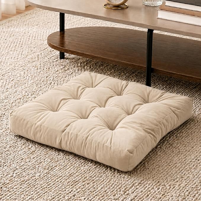 Floor Pillow for Adults, Soft Velvet Floor Cushion for Sitting, Single Square Tufted Floor Pillow for Reading Nook, Living Room, Bedroom, 22 x 22 Inch, Beige