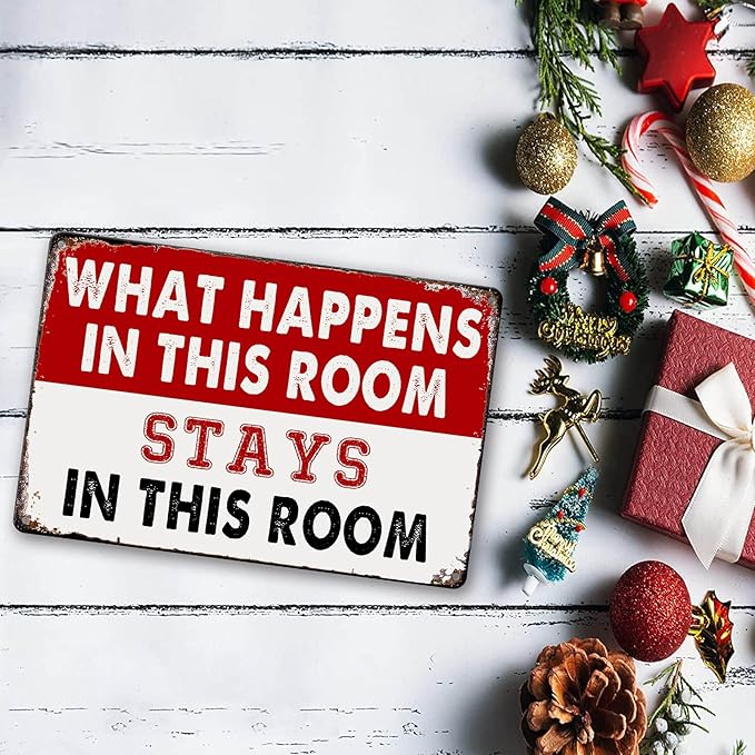 Room Signs Man Cave Wall Decor For Men Funny Metal Tin Bedroom Sign What Happens In This Room Stays In This Room Signs Vintage Dorm Door Decorations For Guys Mens Room Accessories And Signs Women Gift 8 X 12 In