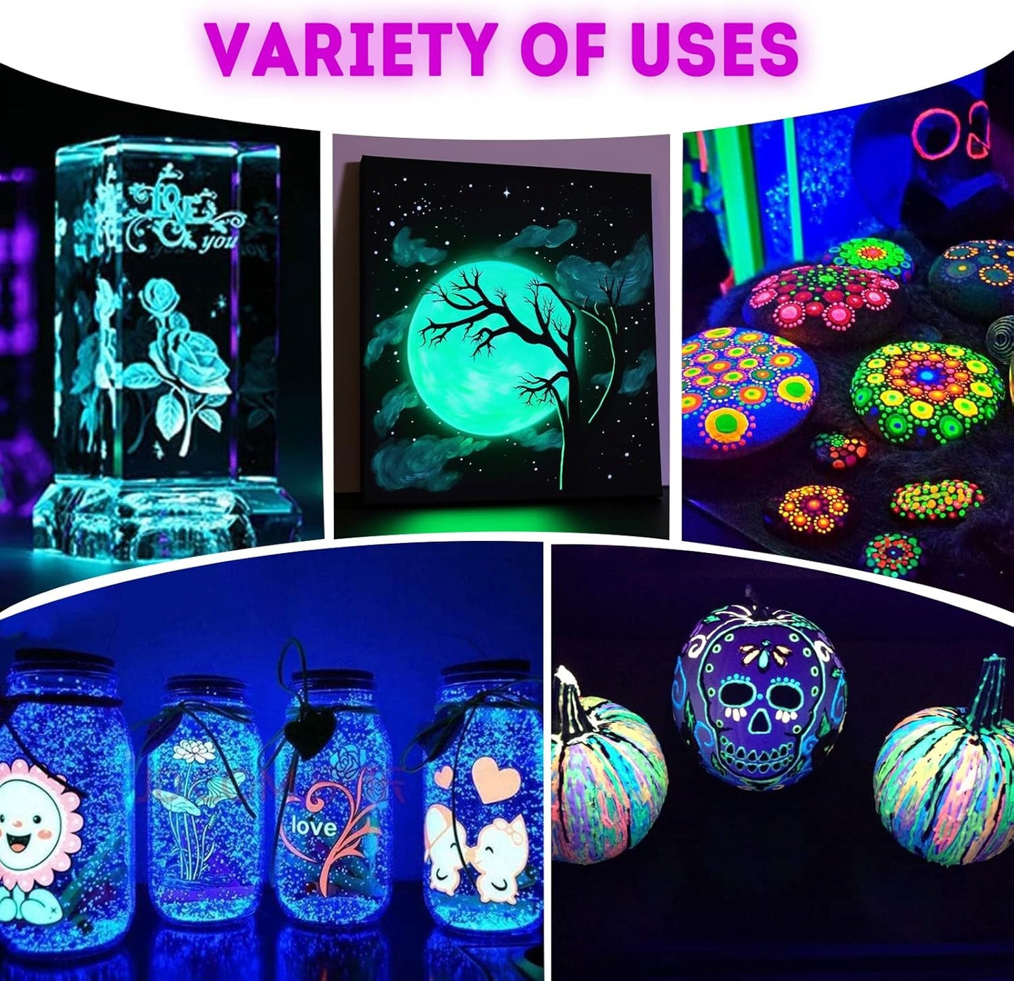 ABEIER Glow in the Dark Acrylic Paint - 10 Bright Colors (60ml/2oz) Long Lasting Glow Fluorescent Paint for DIY Projects, Halloween, Easter, Christmas Decorations