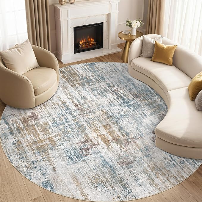 UERMEI 8ft Round Area Rug for Living Room: 8x8 Washable Neutral Abstract Modern Soft Circle Rugs Non Slip Indoor Floor Stain Resistant Carpet for Bedroom Dining Room Office Nursery Blue Brown
