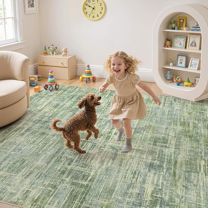 UERMEI 5x7 Washable Area Rug for Living Room: Modern Neutral Abstract Soft Low Pile Carpet Non-Slip Pet Kids Friendly Indoor Decor for Bedroom Dining Room Home Office Nursery Green
