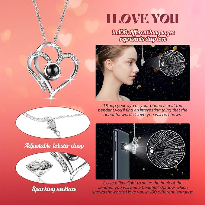 Pasuvsigt Mothers Day Mom Birthday Gifts for Women, Preserved Real Rose with I Love You Heart 100-Language Necklace, LED Lights & Music Box, Anniversary for Women Girlfriend Mom