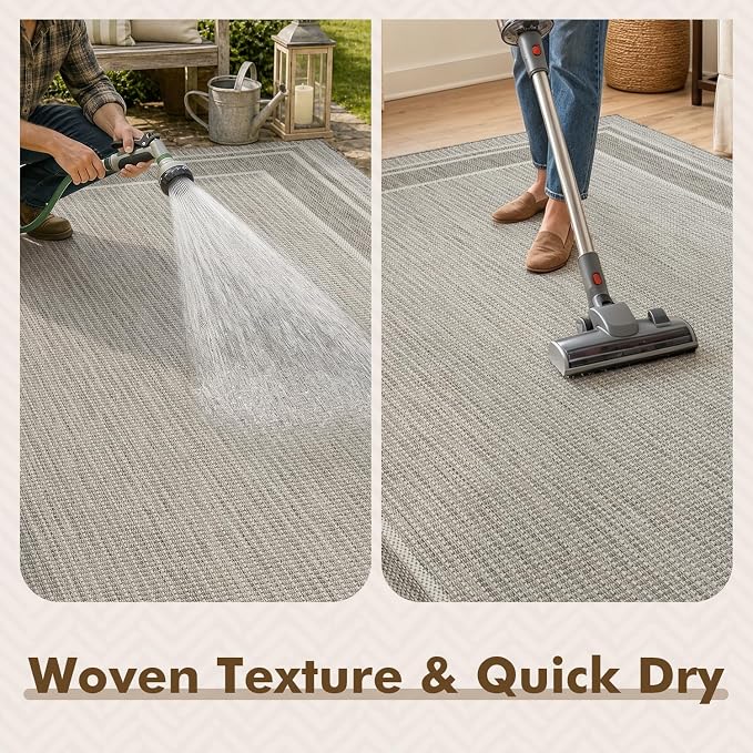 MontVoo-Outdoor Rug-Patio Rug 5x7 ft Polypropylene Indoor Outdoor Rugs Outdoor Carpet for Patio Deck Balcony Porch, Textured Weave, Durable for High Traffic, Fade-Resistant, Modern Silver Grey