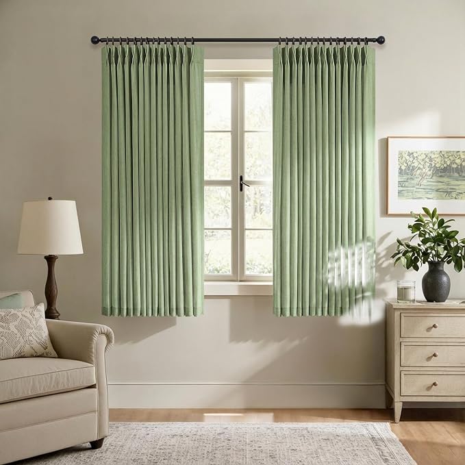 Sage Green Linen Curtains 45 Inch Length 2 Panel Set for Small Windows Rustic Country Cotton Textured Light Filtering Drapes Privacy Pinch Pleated Back Tab Semi Sheer Kitchen Curtains 45 Inches Long