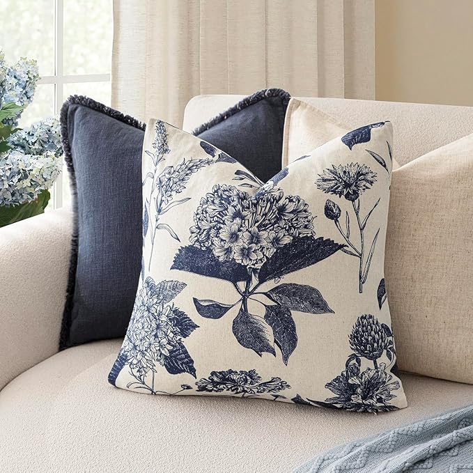 Foindtower Set of 2 Linen Floral Vintage Throw Pillow Covers Neutral Accent Print Decorative Cozy Cushion Covers Farmhouse Boho Home Decor for Sofa Chair Couch Bed Living Room,22×22 Inch,Navy Blue