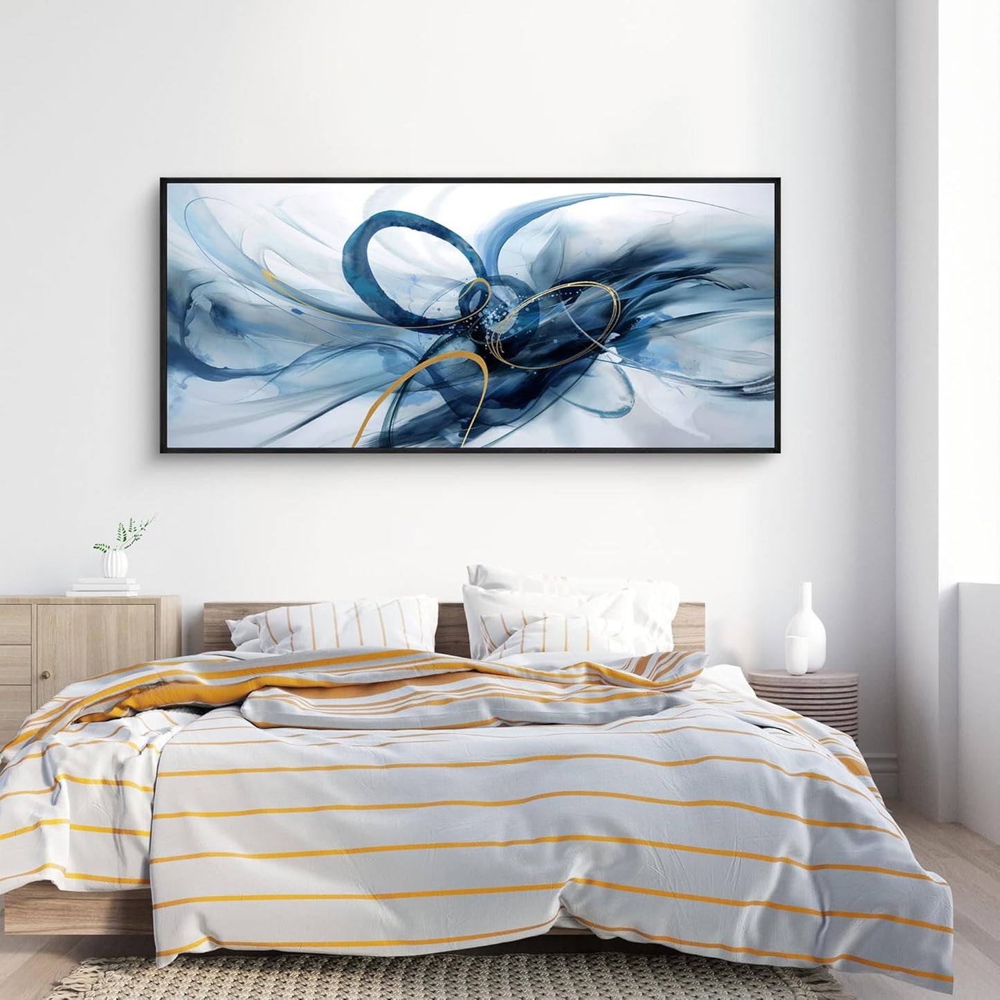 XLSJERST Extra Large Size Abstract Wall Decor Living Room - Modern Canvas Wall Art Blue and White Picture Artwork for Office Bedroom Home Decoration