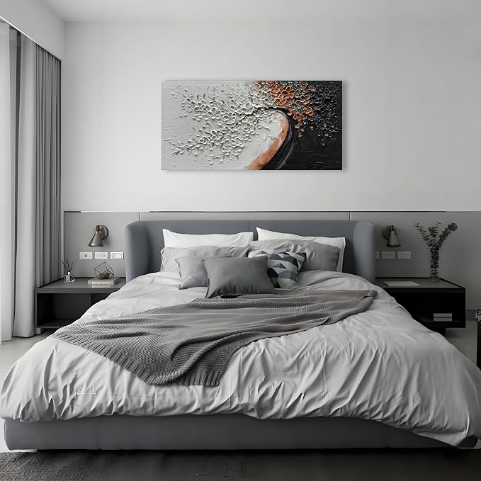 Hand-Painted 24x48 inch White and Black Abstract Flower Tree Painting Canvas Mural Living Room Bedroom Dining Room Wall Art Deco Painting