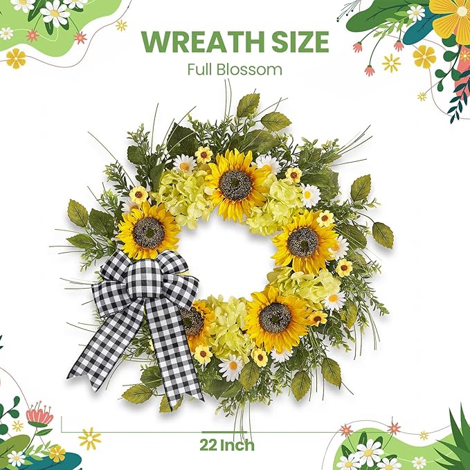 Sunflower Wreaths for Front Door, 22 Inch Spring and Summer Welcome Wreath with Bow for Farmhouse Porch Wall Window Home Decor for Indoor Outdoor Housewarming Gift