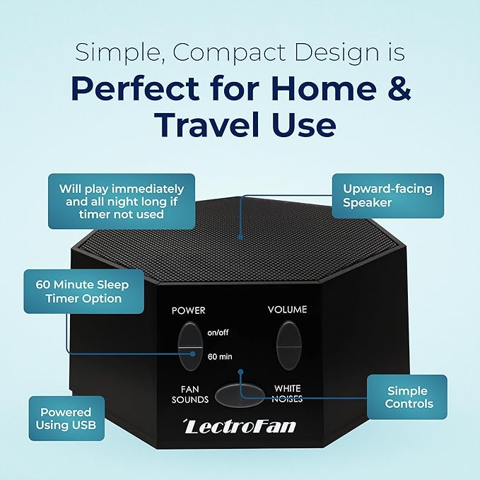 Adaptive Sound Technologies LectroFan Classic White Noise Machine - Compact Sleep Sound Machine for Bedroom, Travel, Study and More - 20 Non-Looping Fan & White Noise Variations - Black