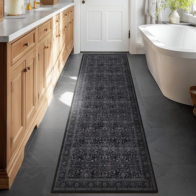 Dark 2x7 Hallway Runner Rug Non Slip, Vintage Charcoal Entryway Rugs for Inside House Mudroom, Kitchen Runner Rugs Non Skid Washable, Carpet Runner for Bathroom Laundry Room Bedroom, Midnight
