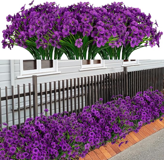 LikSoor 21 Bundles Artificial Outdoor UV Resistant Flowers No Fade Fake Outside Flowers Plastic Greenery Faux Shrubs Garden Porch Window Box Home Decoration(Violet)