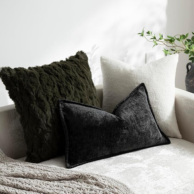 DEZENE Pack of 2 Black Decorative Throw Pillow Covers 12x20 Cozy Soft Chenille Accent Vintage Rectangular Lumbar Couch Pillow Covers for Home Decor Bed Sofa Living Room