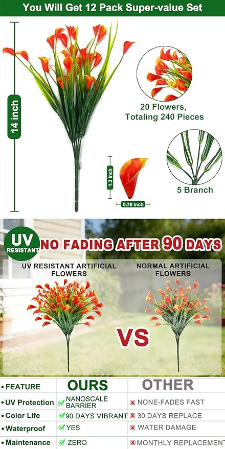 TURNMEON 12 Bundles Calla Lily (240 Heads) Artificial Flowers for Outdoors, Fake Plants UV Resistant Faux Plastic Fake Flowers for Indoor Home Porch Yards Spring Summer Cemetery Decor(Orange Red)