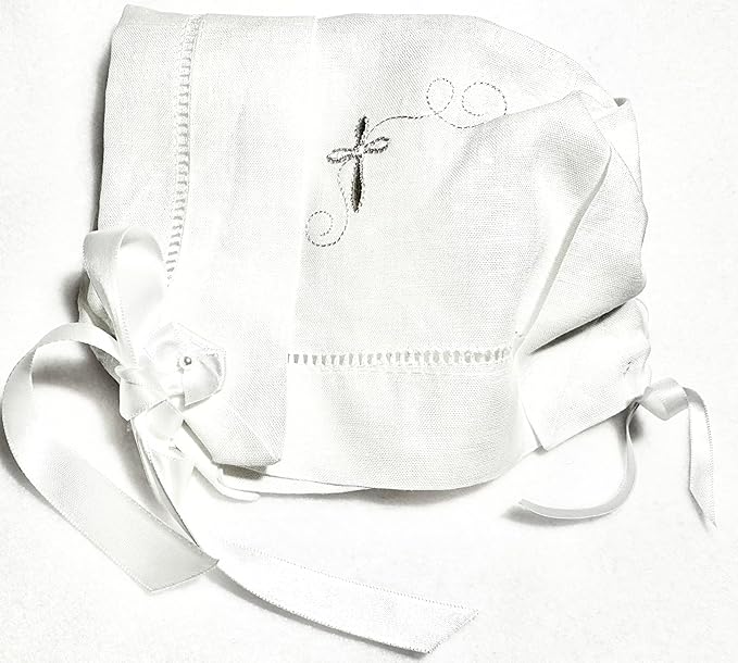 Integrity Designs Baby Linen Keepsake Cross Embroidered Handkerchief Christening/Baptism Bonnet and Gift Card with Envelope