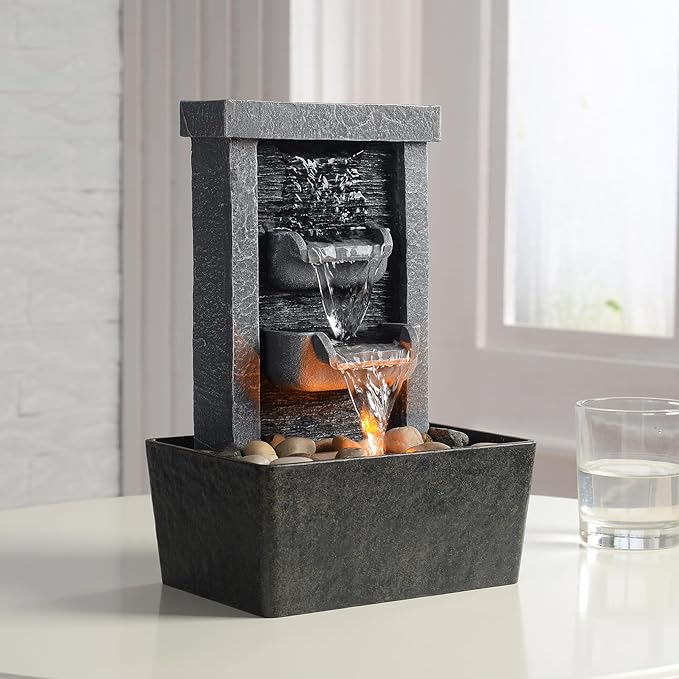 GOSSI Home Décor 10.3 in Indoor Waterfall Fountain Relaxation High Pressure Water Pumps Tabletop Fountain Nature Feeling Water Fountains with Reflective Lighting/River Rocks Home/Office Decoration
