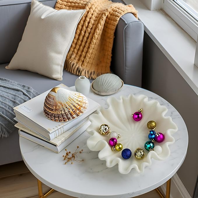 12" Large Decorative Bowl decor - milky white Scalloped Decorative Bowls for Home Decor - Organic Fluted Modern Home Decor,Ruffle Decor key bowl,bowl for keys