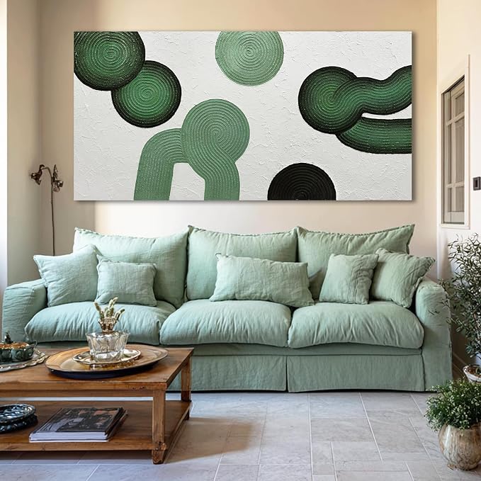 ZUNARE Large Green Abstract Wall Art, Hand Painted Textured Canvas with Organic Sculptural Forms, Oversized Modern Statement Wall Decor for Living Room Bedroom Office, 29×58 Inch