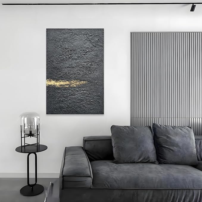 Hand Painted 36x24 inch Black and Gold Abstract Wall Decoration Oil Painting Thick Texture Minimalist Art