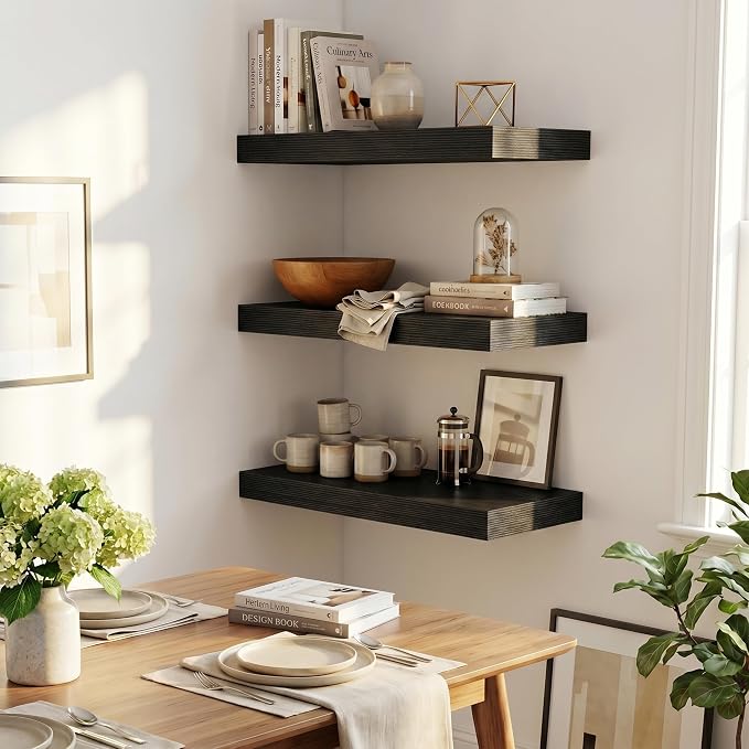Fun Memories Wood Floating Shelves 20 Inch, 12 Inch Deep Shelves Wall Mount, Wall Shelves with Invisible Bracket, 20" Floating Shelves for Living Room Bathroom Bedroom, Black, Set of 2