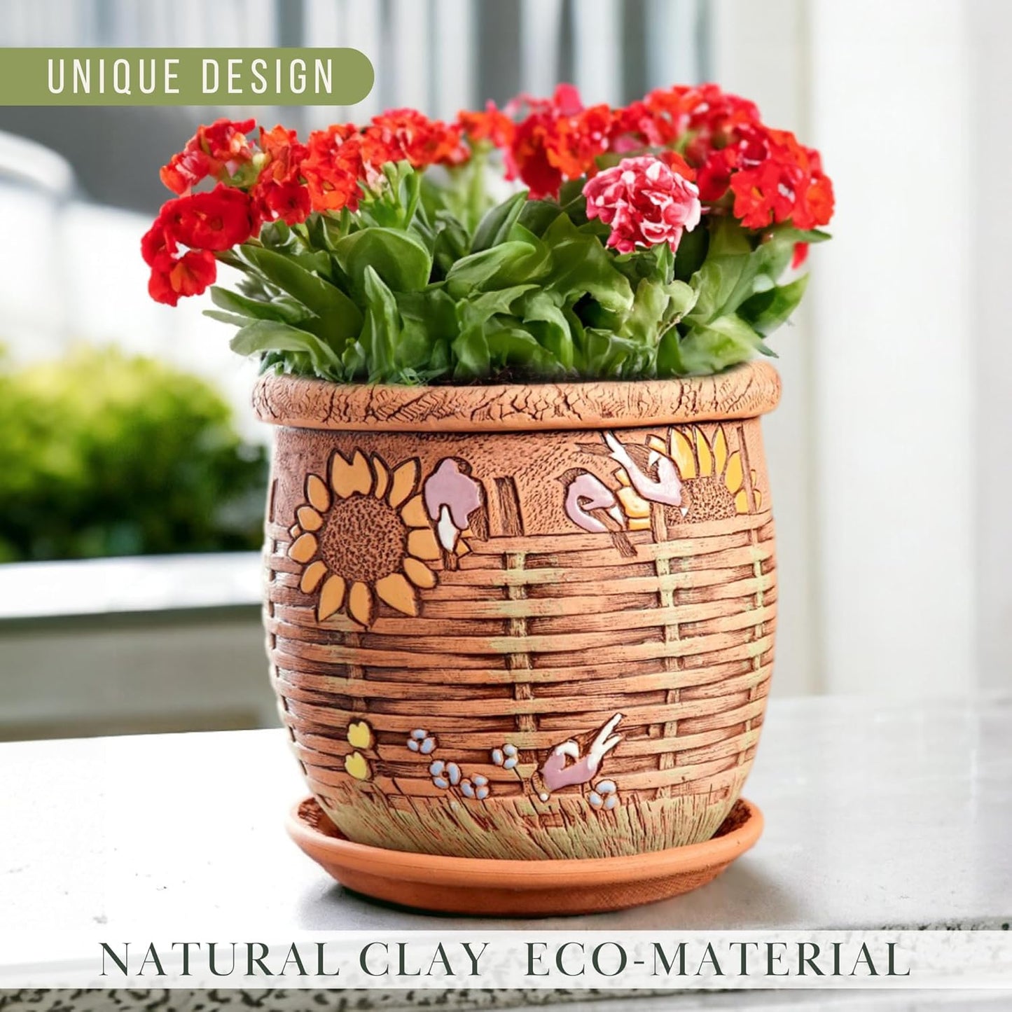 Ceramic Pot with Drainage Hole and Saucer, Plant Pots, Modern Decorative Planters for House Plants Indoor Flowers Plants, Cute Flower Pot - Gifts (Wicker (1.6 L))