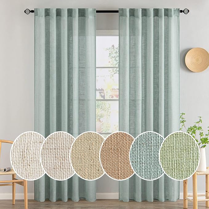 MIULEE Sea Green Linen Curtains 84 Inch Length for Bedroom Living Room, Soft Thick Linen Textured Window Drapes Semi Sheer Light Filtering Back Tab Rod Pocket Burlap Look, 2 Panels, 37x84 Inches