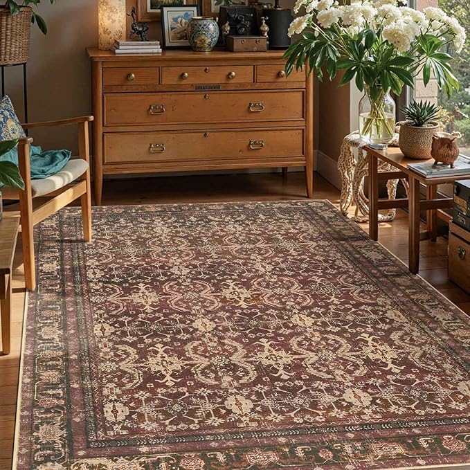 Rugxara Oriental 5x7 Area Rugs for Living Room Bedroom, Vintage Washable Christmas Rug, Red Boho Area Rug, Non Slip & Low Pile Faux Wool Carpet for Indoor Dining Room and Kids Room(Red 5x7ft)