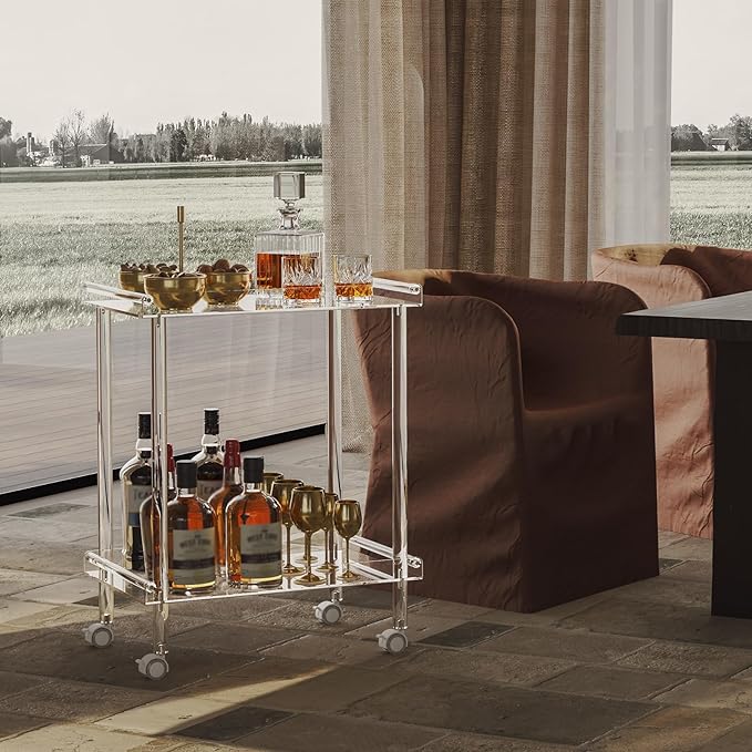 HMYHUM Acrylic Bar Cart, Rolling Serving Cart with 4 Lockable Wheels for the Home Bar, Kitchen, Living Room, Modern, 2-Tier, 23.6" L x 15" W x 30" H, Clear