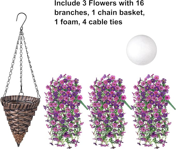HyeFlora Artificial Hanging Flowers Basket for Outdoor, Fake Flowers Faux Plants Look Real for Yard Gardens Porch Patio Home (Darkpurple+Purple)