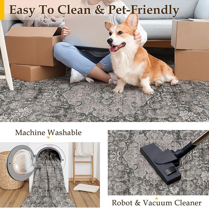 9x12 Washable Area Rug Black Grey Vintage Non Slip Soft Medium Pile Rug for Living Room Bedroom Dining Room Office Distressed Oriental Indoor Large Throw Carpet for Home Decor