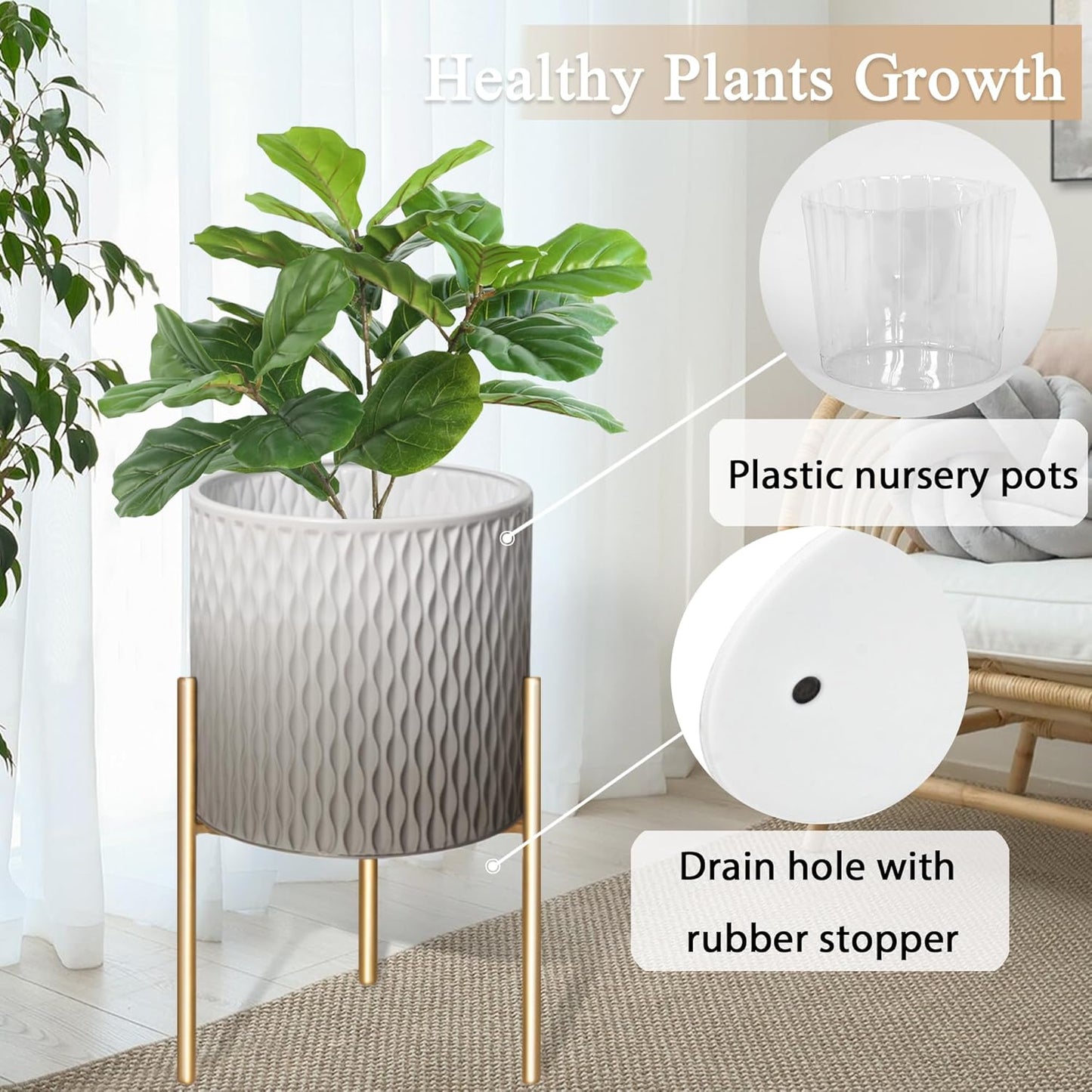 ARNIS Plants Pots with Stand,Set of 2 Flower Pots, Unique Mid Century Decorative Metal Flower Pots with Drainage,10.5&12.25 Inch, Grey and White