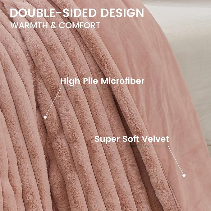 Simple&Opulence Fluffy Faux Fur Comforter Set, Plush Fuzzy Minky Bedding Set, 3 Pieces Warm Soft Comforter Bedding Set for Winter - 1 Shaggy Comforter with 2 Pillow Shams(King, Striped - Pink)