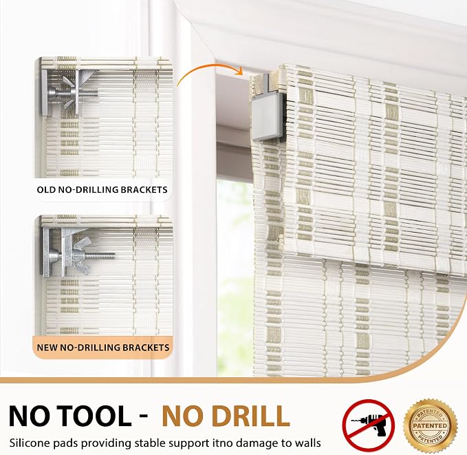 LazBlinds No Drill Bamboo Roman Shades, 32x64, Whitewash B | Light Filtering Window Treatment, No Tools Cordless Roll Up Bamboo Blinds for Window