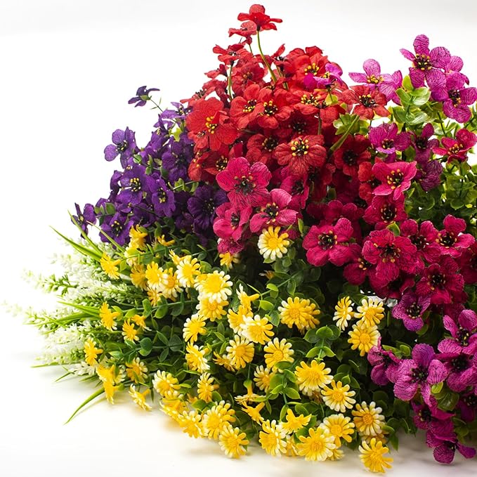 Grunyia 20 Bundles Artificial Flowers Outdoor No Fade UV Resistant Fake Plastic Flowers Faux Plants for Garden Patio Porch Window Box Home Wedding Farmhouse Hanging Décor