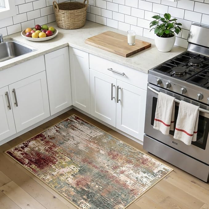 RELEANY Washable Area Rugs 3x4 Non-Slip Modern Abstract Soft for Living Room Entryway Bedroom Nursery, Print Pattern, Brown Rust Red Green Blue Multi