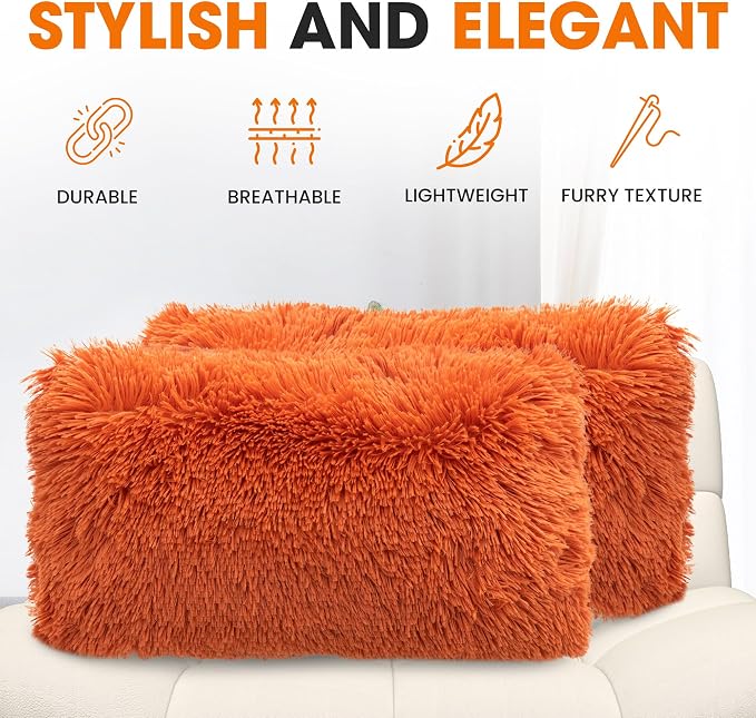 Cheer Collection Fall Decorative Throw Pillows for Couch – Set of 2 Shaggy Fall Pillows for Couch, Cozy Fall Couch Pillows for Living Room or Bed, Soft Accent Pillows, 12" x 20" - Rust Orange