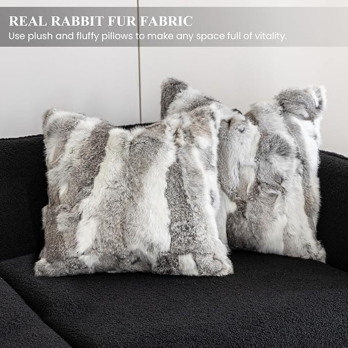 MOOX Rabbit Fur Pillow Covers Set of 2 Fur Throw Lumbar Decorative Pillow Fuzzy Soft Fluffy Genuine Animal Skin 18"x18" Sofa Couch Bed Cover, Couch-Grey White