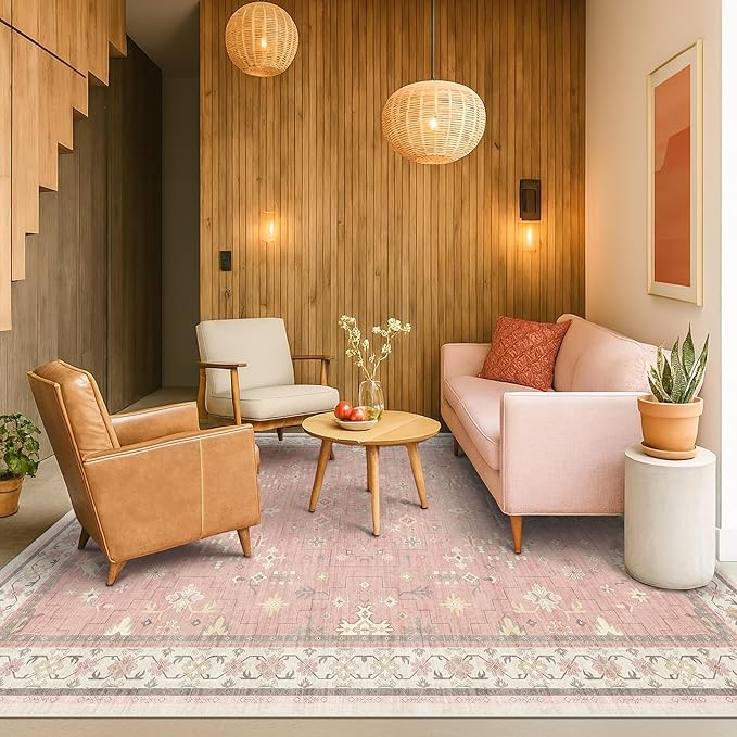 Hazo Haus Pink Washable 6x9 Rug for Bedroom - Nursery Floral Girls Room Rug Machine Washable Non Slip Kids Playroom Mat, Cute Girly Thin Low Pile Stain Resistant Living Room Decor