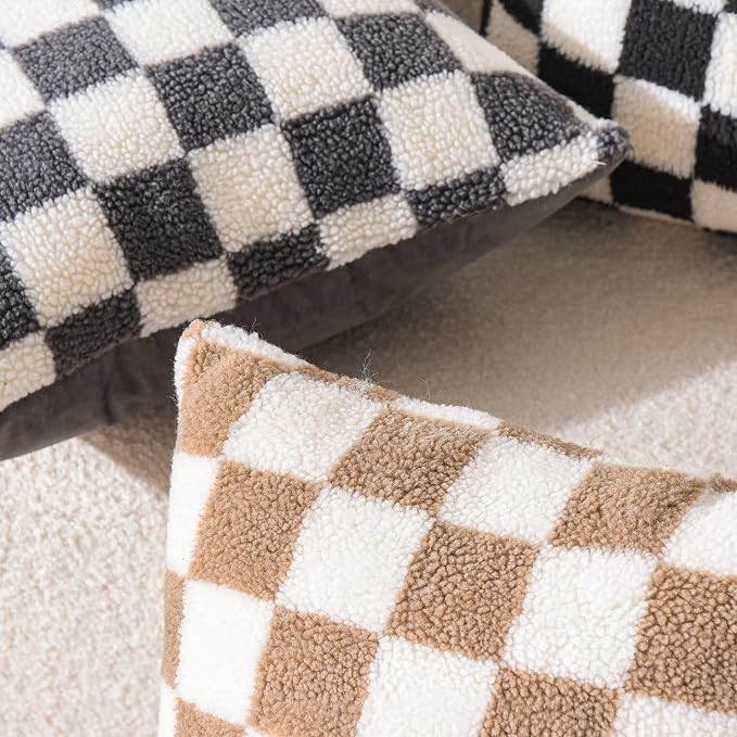 WACOMECO Decorative Throw Pillow Covers - Soft Sherpa Checkerboard Cushion Covers Faux Fur Pillow Cases for Sofa Bedroom Livingroom Car, 16 x 16 in, Khaki and Off White