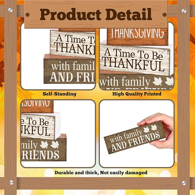 Lineshading 4 Pcs Thanksgiving Decoration for Home Wooden Turkey Decor Thanksgiving Table Centerpiece Fall Tiered Tray Decor Rustic Decorative Turkey Block Signs Gift for Home Kitchen Shelf