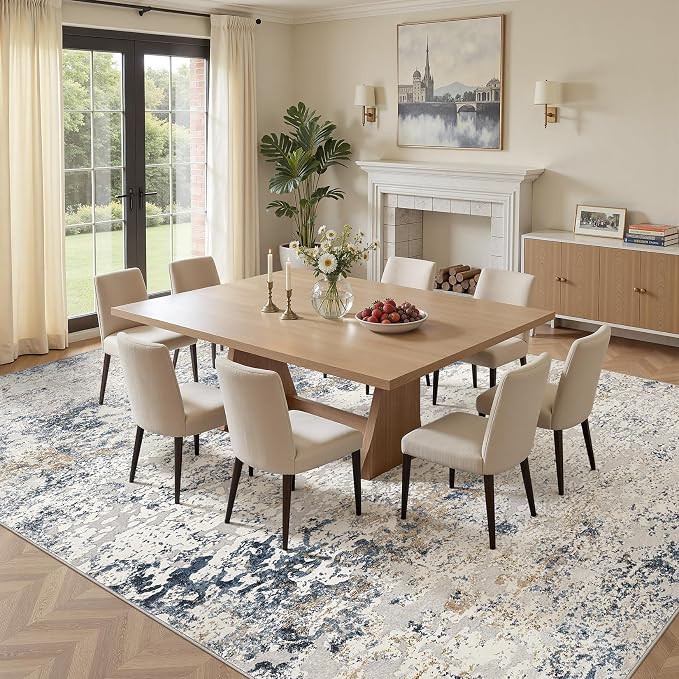 DMOYEST Area Rug Living Room Rugs - 12x14 Large Soft Indoor Neutral Modern Abstract Low Pile Washable Rug Carpet for Bedroom Dining Room Farmhouse Home Office - Beige Blue