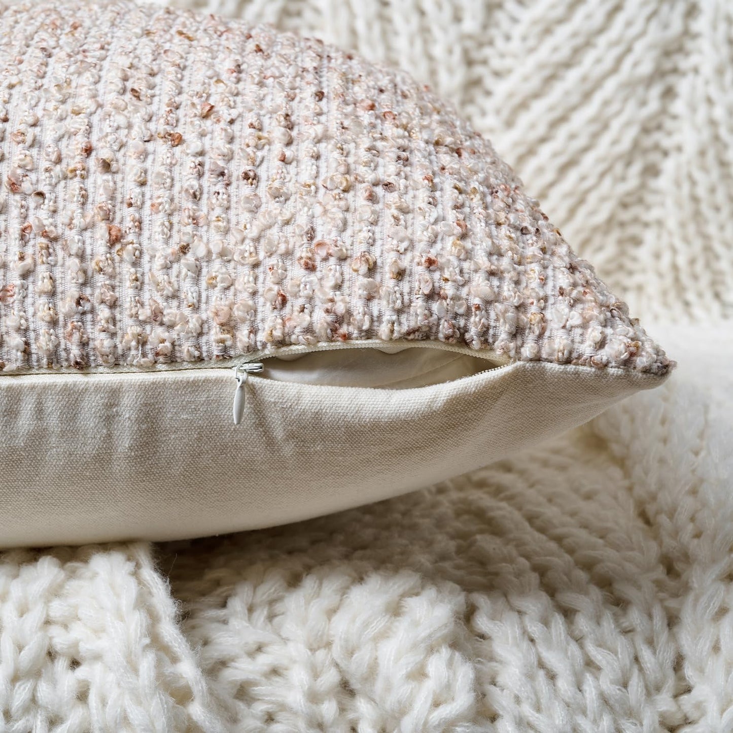 Striped Throw Pillow Covers 18x18 Set of 2 Beige Textured Boucle Chic Morden Boho Accent Farmhouse Square Decorative Couch Pillow Covers for Home Decor Bed Sofa Living Room