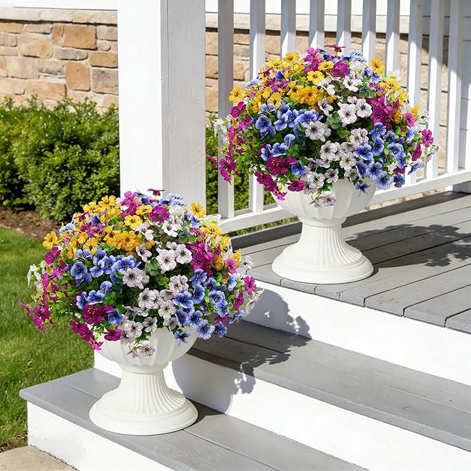 Artificial Fake Flowers for Outdoor UV Resistant,16 Bundles Silk Outside Plants Decoration for Hanging Planters, Daisy Eucalyptus Faux Flower Spring Summer Garden Yard Patio Balcony Home