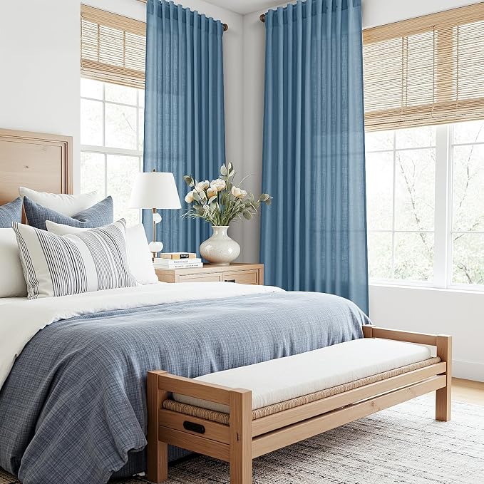 Nanspring Blue Linen Curtains 84 Inches Long for Living Room Bedroom Back Tab Semi Sheer Curtain 84 Inch Length 2 Panels Set Light Filtering Farmhouse Soft Lightweight Drapes Blue W50 x L84